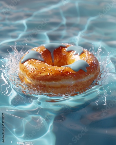 a donut with blue glaze is floating in a swimming pool