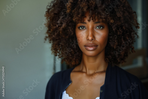 Portrait of a mixed-race woman with a caramel skin tone and expressive eyes, framed by a halo of tight curls. She exudes confidence and natural beauty, wearing minimal makeup that highlights her featu
