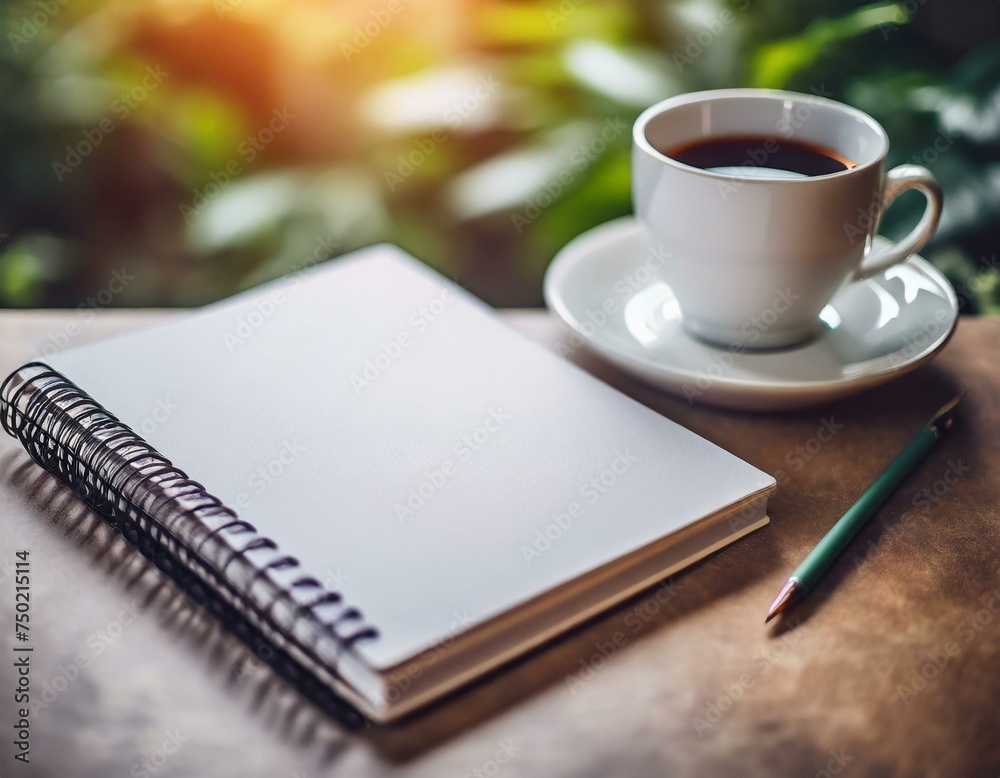Art of journaling, featuring a notebook with open blank page with space for mockup with coffee, ready for writing the thoughts, clean and tidy morning or evening routine for the mindfulness lifestyle Art of journaling, featuring a notebook with open blank page with space for mockup with coffee, ready for writing the thoughts, clean and tidy morning or evening routine for the mindfulness lifestyle