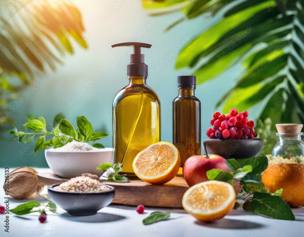  A blank abstract mockup showcasing a variety of natural and organic health and wellness products for beauty product shooting, or online shop