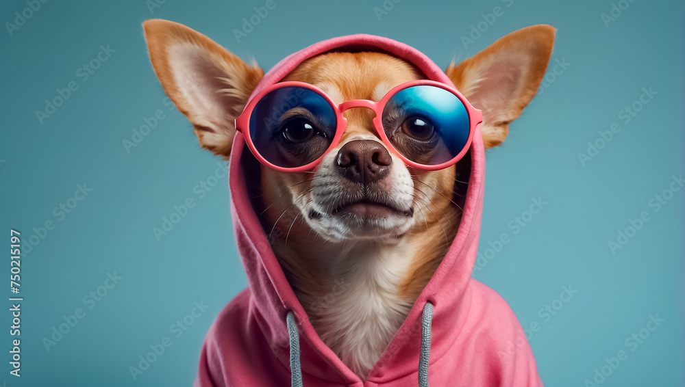 fashionable dog with sunglasses and hoodie clothing