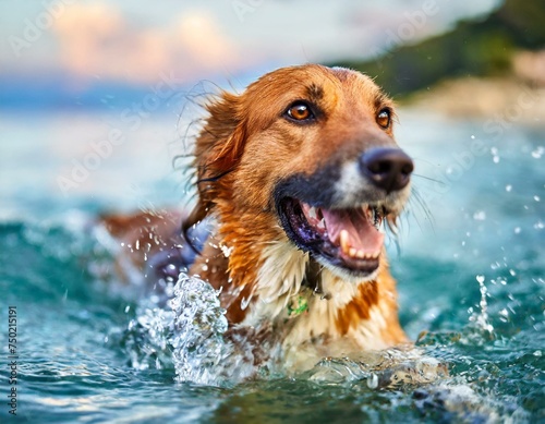 Playful dog swimming in clear water. Closeup shot with pets joy and excitement. Outdoor activity for health and fitness for dog, bounding between dog a the owner. © SandraSevJarocka
