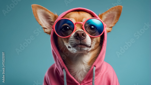fashionable dog with sunglasses and hoodie clothing © tanya78
