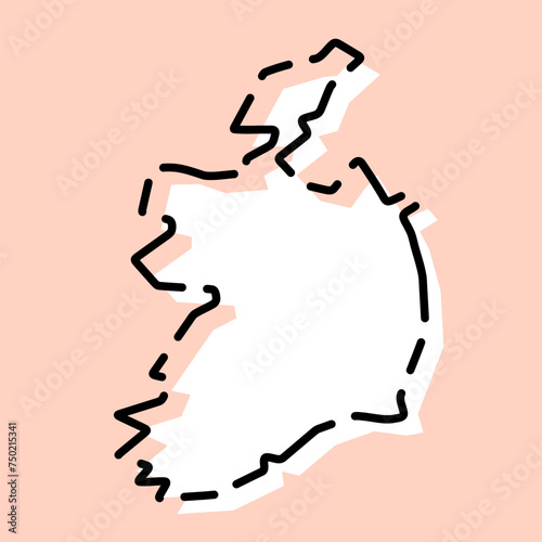 Ireland country simplified map. White silhouette with black broken contour on pink background. Simple vector icon