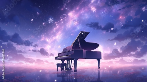 幻想的な夜空とグランドピアノ