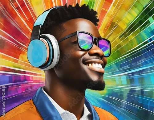 Media streaming concept, a person''s head donned in headphones is shown against a vibrant, colorful background