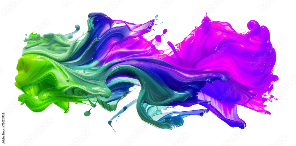 A colorful liquid paint flows towards the side. The paint moves like a wave with colors of purple, green, and blue, within the transparent background. AI Generated.