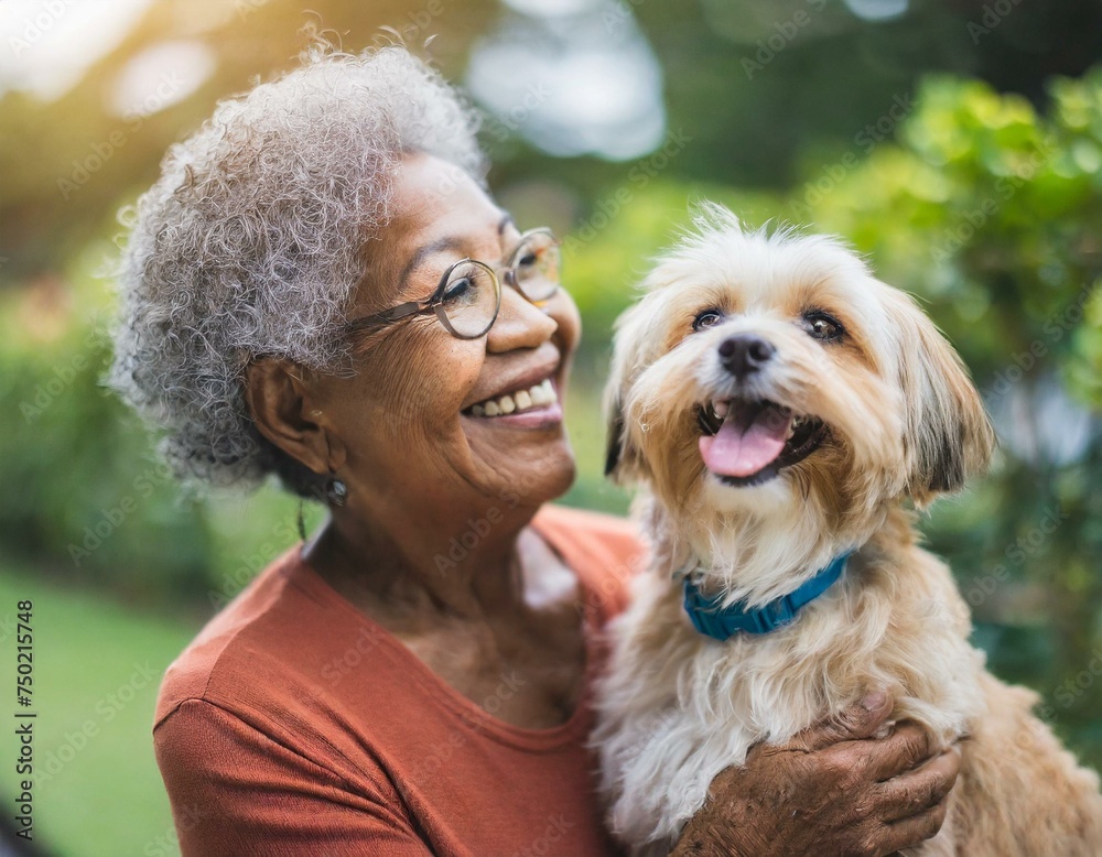 Elderly woman joyful moment with her pet dog. Bond with lifelong companionship, loyalty, and friendship between a human and a dog.