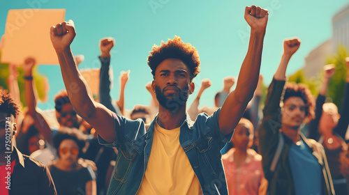 African American man marching in protest with a group of protestors with their fist raised in the air as a sign of unity for diversity and inclusion photo