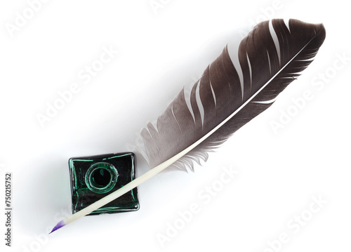 Feather and old glass inkwell isolated on white background. Feather for calligraphy, old education, vintage fonts. Top view.