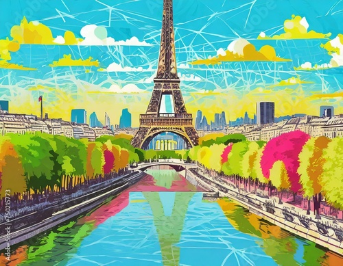 France Olympic games concept. colorful illustration in colors of french flag, runners enjoying the movement with the Eifel tower in the background. 