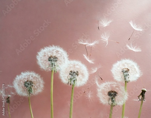 Fluffy dandelions in the wind illustration in gray beige pastel colors