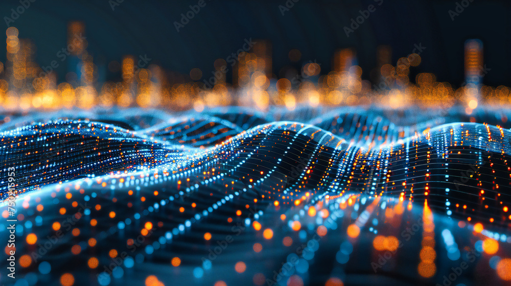 Abstract Digital Network: Futuristic Mesh and Wave Patterns in Blue, Symbolizing Advanced Technology and Big Data Analysis