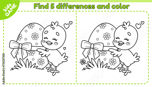 Easter kids game Find 5 differences with cartoon chick. Small chicken hugs the egg decorated with ribbon and bow. Spot the differences. Worksheet for children. Spring holiday design. Vector outline.