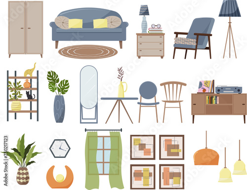 Set of furniture designer for living room design. Window with curtains, sofa and wardrobe, bedside table and armchair, chairs and table. Shelves for flowers and figurines, floor lamps and lamps. Flat