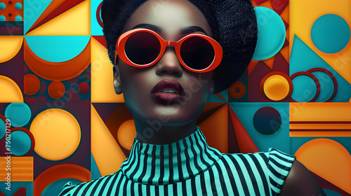 Fashion retro black girl wearing sunglasses. Futuristic pop art woman with geometric pattern background