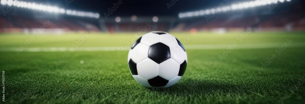 Fototapeta premium Soccer ball rests on grass of green field in front of majestic lit up, creating exciting atmosphere stadium. Scene captures essence of game, ready for action, excitement. Advertising, banner, print.