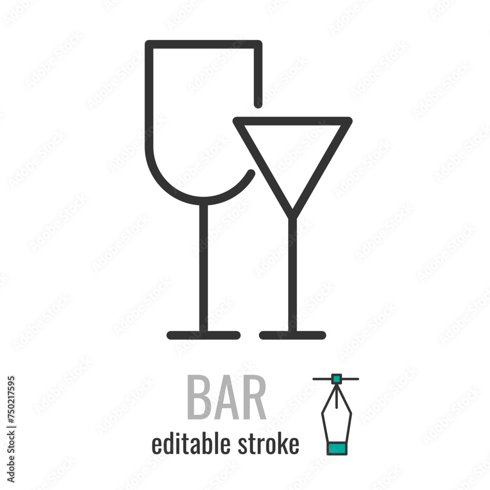Bar or Pub line icon. Linear style Wine and cocktail Glass symbol. Alcohol drink sign.Editable stroke. Vector graphics illustration EPS 10 Bar or Pub line icon. Linear style Wine and cocktail Glass symbol. Alcohol drink sign.Editable stroke. Vector graphics illustration EPS 10