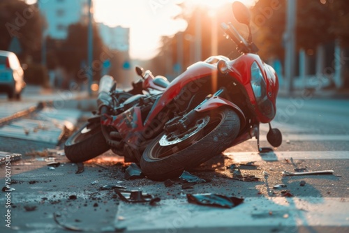 Crashed motorcycle accident scene on city street. Broken bike after traffic collision, damaged vehicle on asphalt road. Personal injury lawyer service, insurance claim process concept for web banner photo
