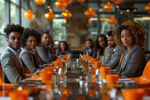 Group of People Sitting at a Long Table