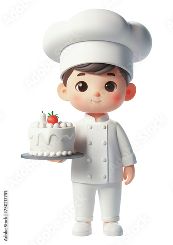A kid cartoon boy chef and holding birthday cake . Vector Illustration