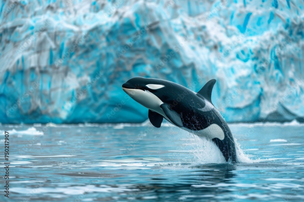 Orca Whale Breaching Ocean Surface Near Melting Iceberg Powerful 