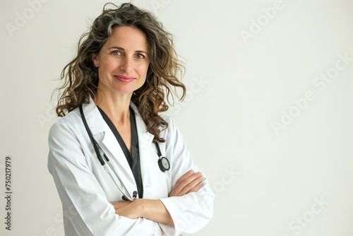 Portrait of a smiling female doctor standing with arms crossed over white background