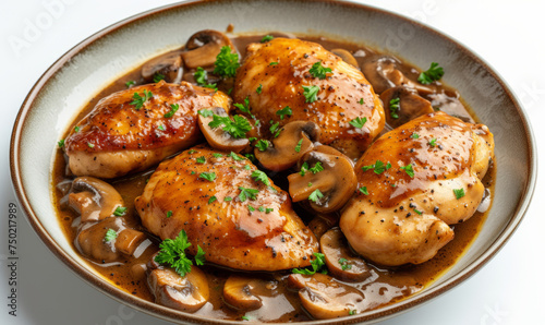 Grilled chicken thighs with mushroom Marsala sauce. Top view studio food photography isolated on white background. Gourmet cooking and recipe concept. Design for cookbook, menu, culinary blog © Flow_control