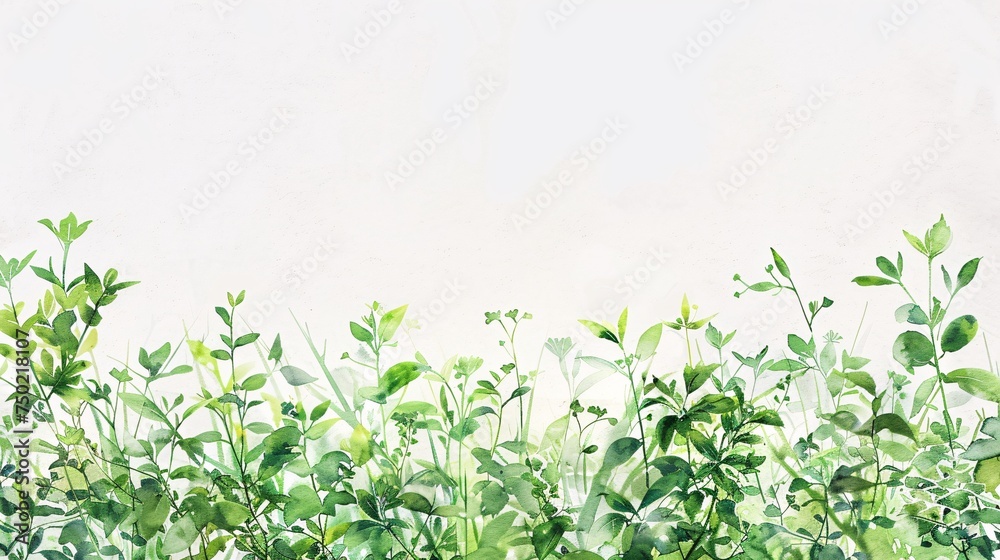 A serene border of botanical elements, painted in watercolor, featuring subtle green hues and delicate little flowers A serene border of botanical elements, painted in watercolor, featuring subtle green hues and delicate little flowers