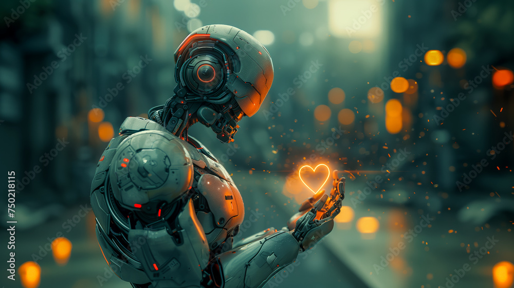 Robot hold a heart in his hand with love