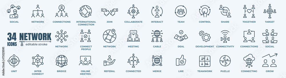 Network and Teamwork in business management icon set - Editable stroke