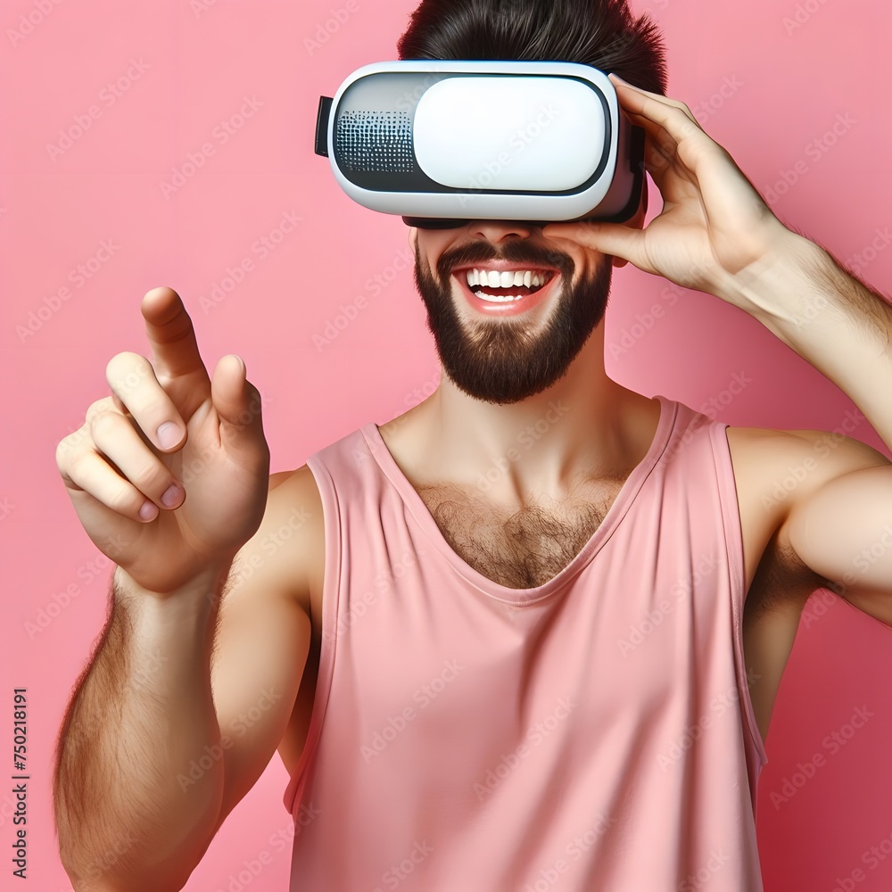 Naklejka premium Man Using VR and Smiling 