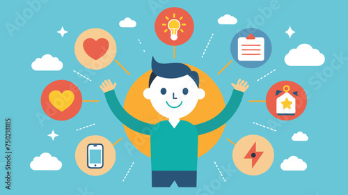 Cheerful Cartoon Man Surrounded by Social and Personal Icons