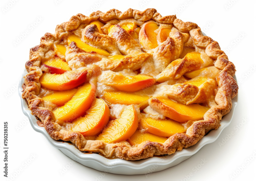 Peach cobbler in a pie dish, top-down view isolated on white background. Warm and comforting sweet nod to the harvest season concept for design and print Peach cobbler in a pie dish, top-down view isolated on white background. Warm and comforting sweet nod to the harvest season concept for design and print