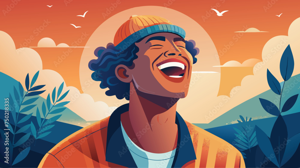 Joyful Man Laughing Outdoors at Sunset