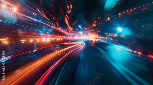 abstract picture of high speed traffic at night: shiny blue and orange blurred lines on blurry background