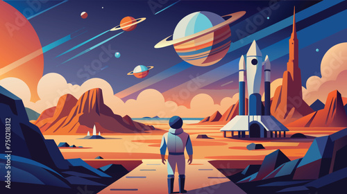 Astronaut Gazing at Planets From a Distant World at Dusk