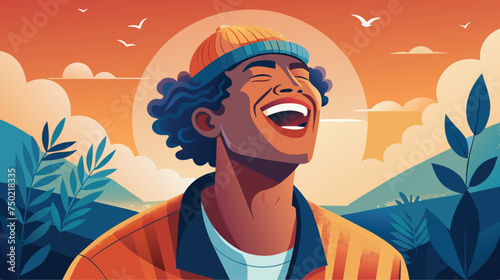 Joyful Man Laughing Outdoors at Sunset