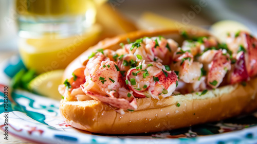 Lobster rolls with chunks of lobster meat in buttery buns on a blue plate. Summer seafood dining concept. Macro shot with copy space for design