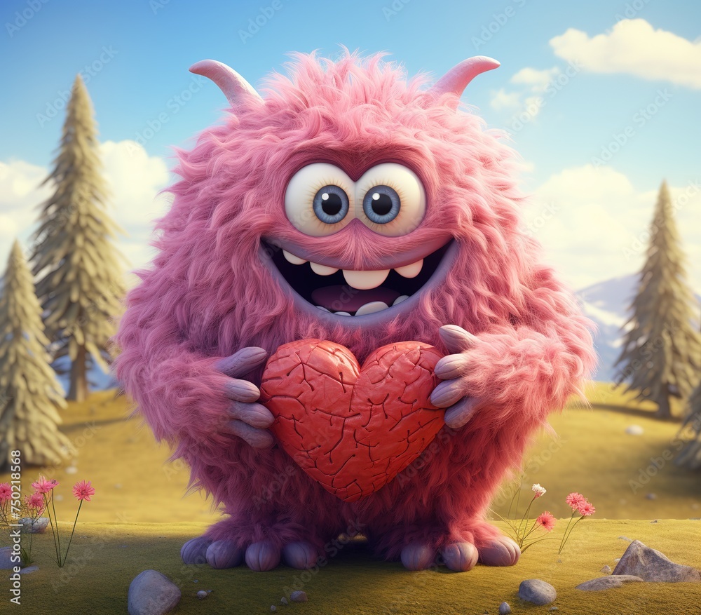 Funny cartoon monster with heart, Valentines day concept, 3D Rendering, Ai Generated