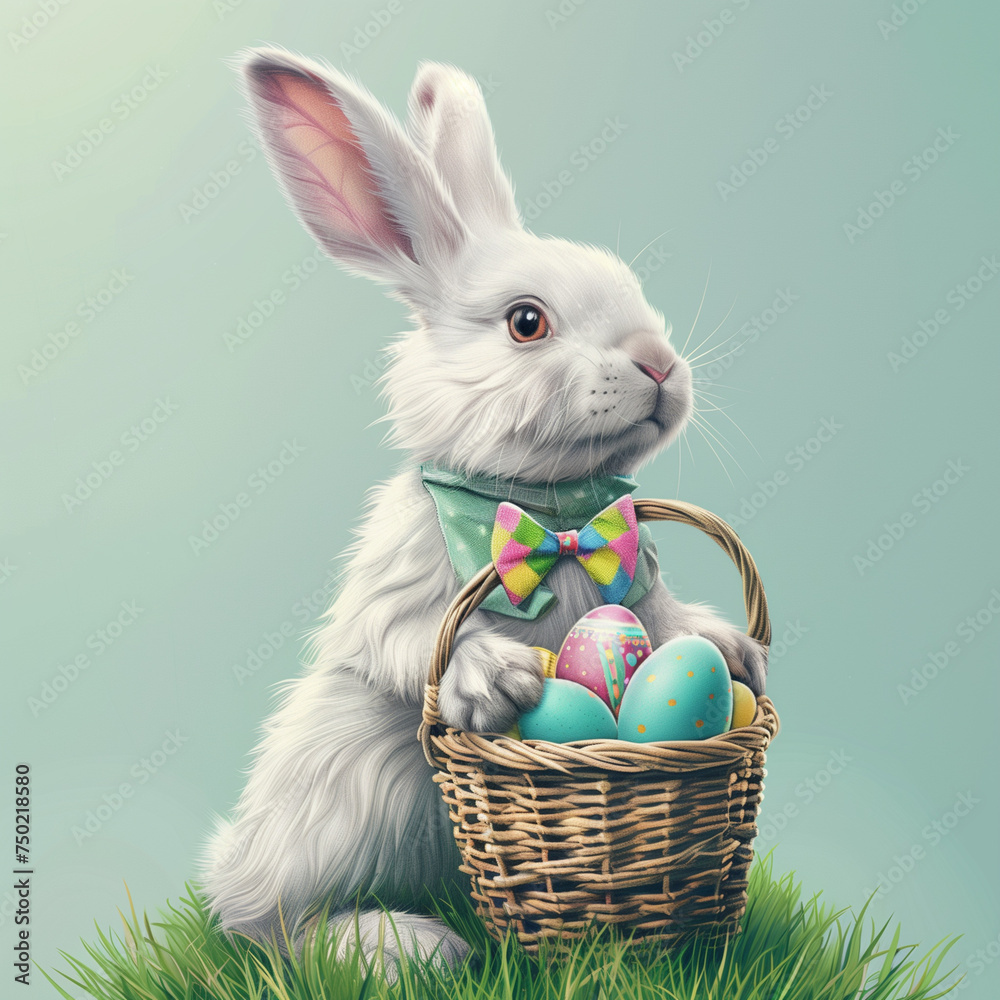 Beautiful Easter rabbit holds basket with colored eggs Beautiful Easter rabbit holds basket with colored eggs