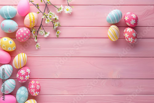 Easter eggs on light pink wooden background.