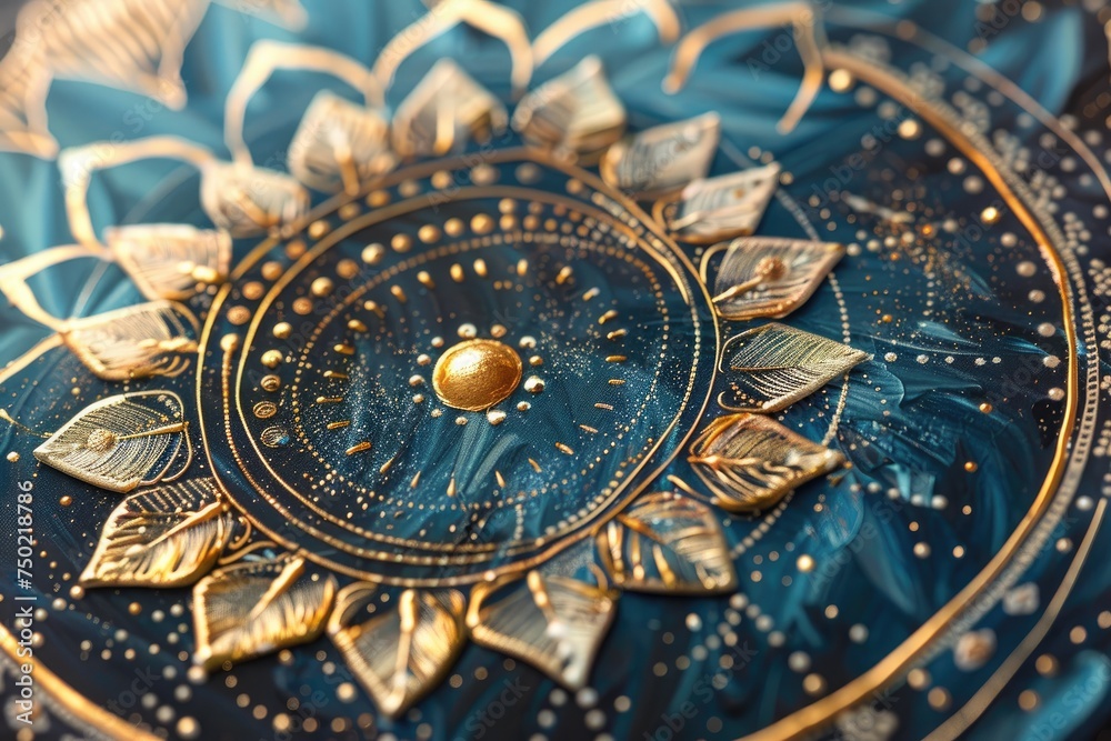 Obraz premium A celestial-themed mandala with intricate geometric patterns and gold metallic highlights 