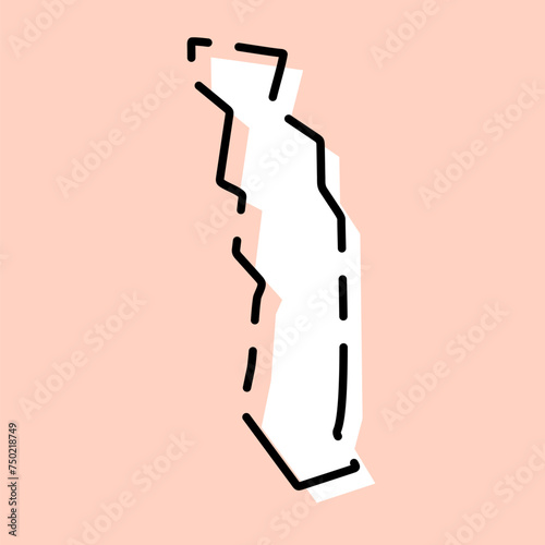Togo country simplified map. White silhouette with black broken contour on pink background. Simple vector icon