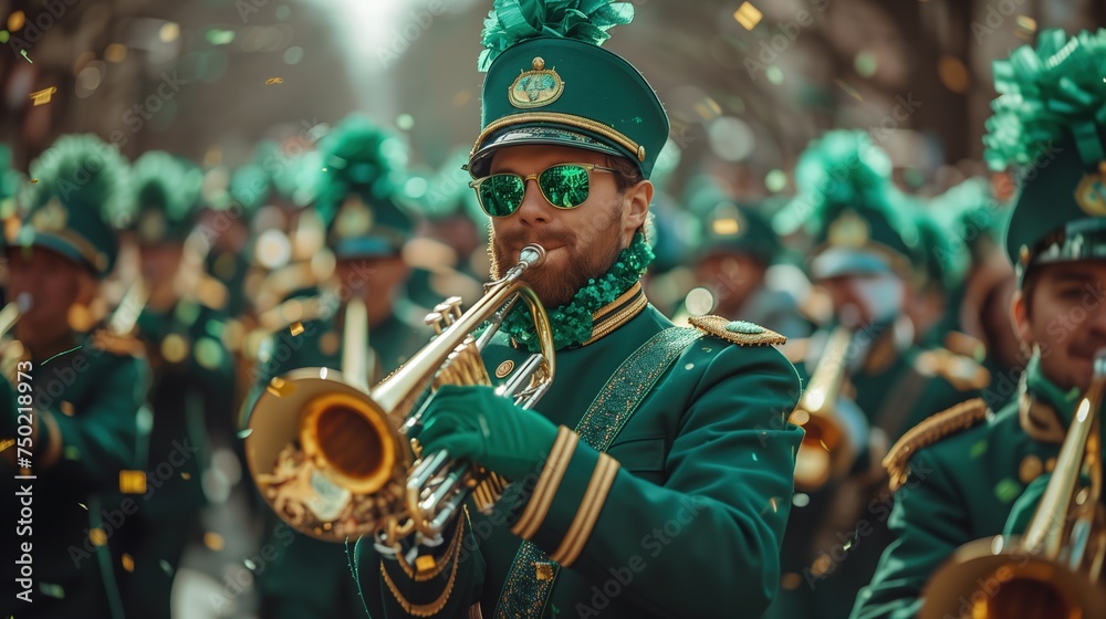 Obraz premium Energetic marching band in green uniforms. St. Patrick's Day parade