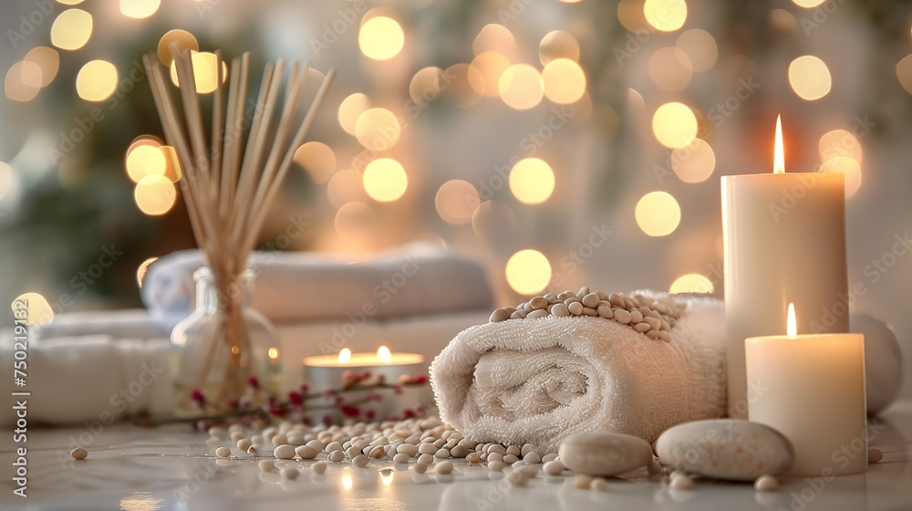 Spa composition. Towels, stones, reed air freshener and burning candles on white marble table against blurred lights, space for text Spa composition. Towels, stones, reed air freshener and burning candles on white marble table against blurred lights, space for text