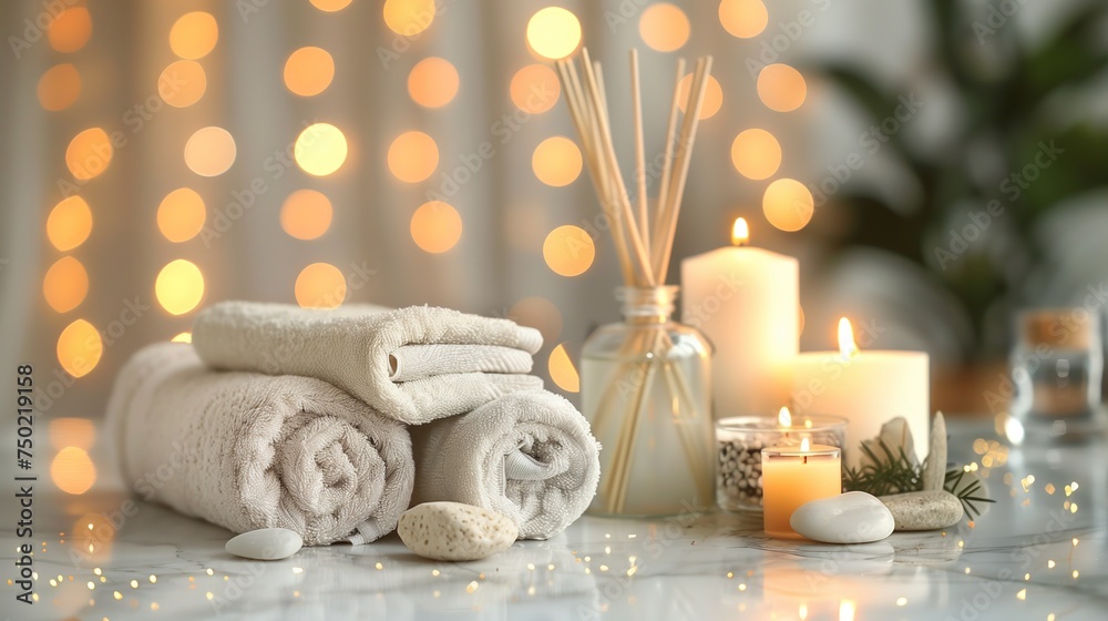 Spa composition. Towels, stones, reed air freshener and burning candles on white marble table against blurred lights, space for text