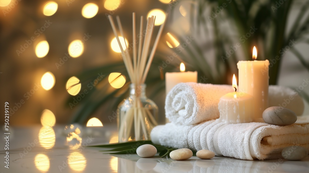 Spa composition. Towels, stones, reed air freshener and burning candles on white marble table against blurred lights, space for text Spa composition. Towels, stones, reed air freshener and burning candles on white marble table against blurred lights, space for text