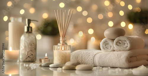 Spa composition. Towels  stones  reed air freshener and burning candles on white marble table against blurred lights  space for text
