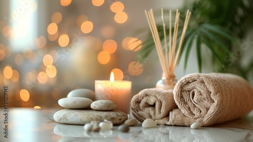 Spa composition. Towels, stones, reed air freshener and burning candles on white marble table against blurred lights, space for text